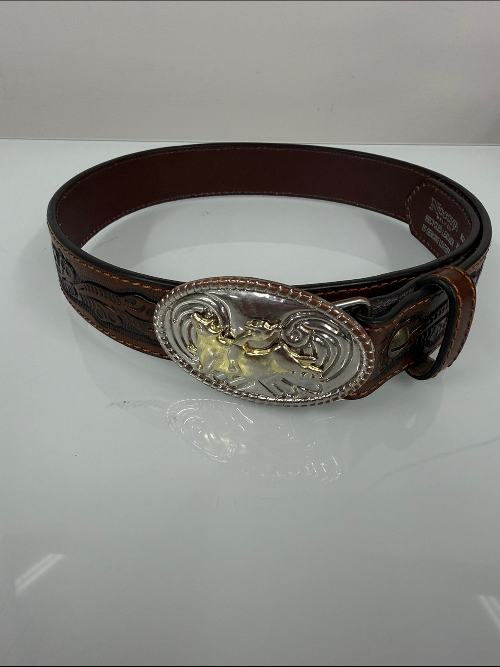 Nocona Brown Tooled Leather Belt with Silver & Gold Horse Buckle
